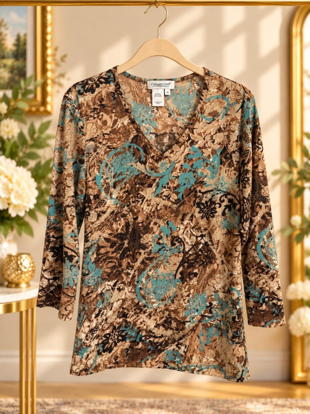 Coldwater Creek M Brown Turquoise Paisley 3/4 Sleeve V Neck Top
